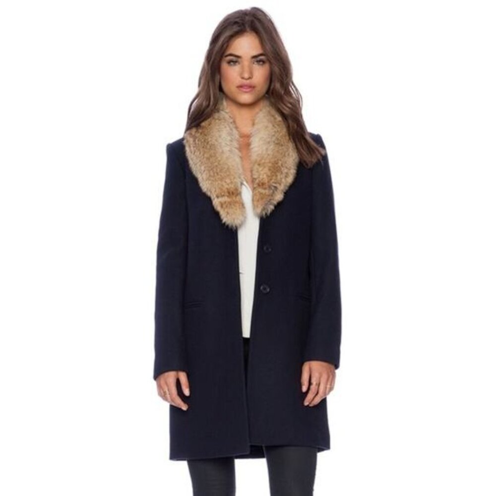 NWT Theory Belize Collared Wool Blend Coat Nest Washed in Navy Blue Size: Medium